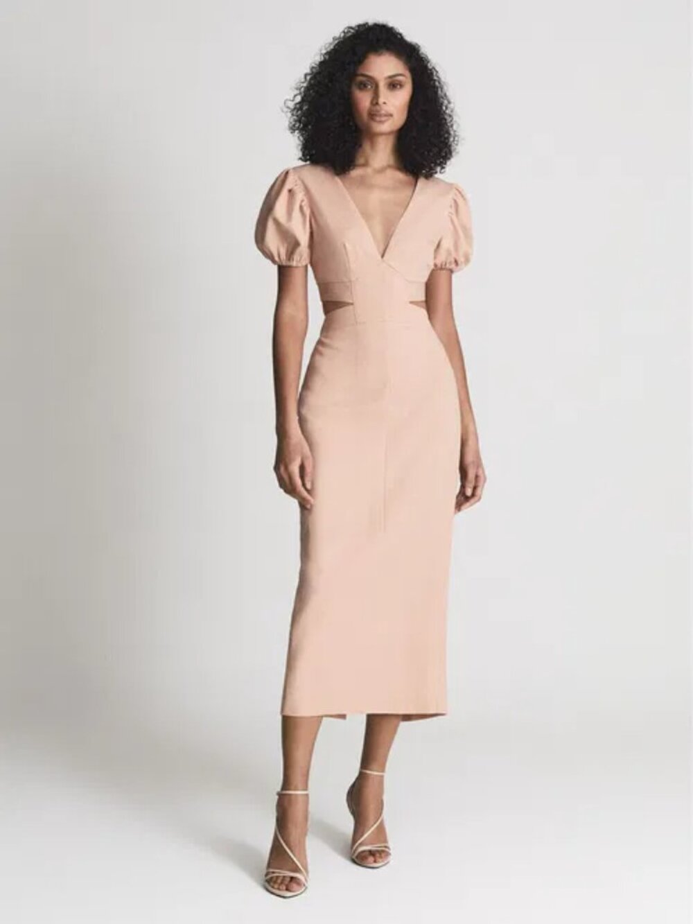 REISS Jennah Puff Sleeve Cut Out Back Midi Dress 4 NWT